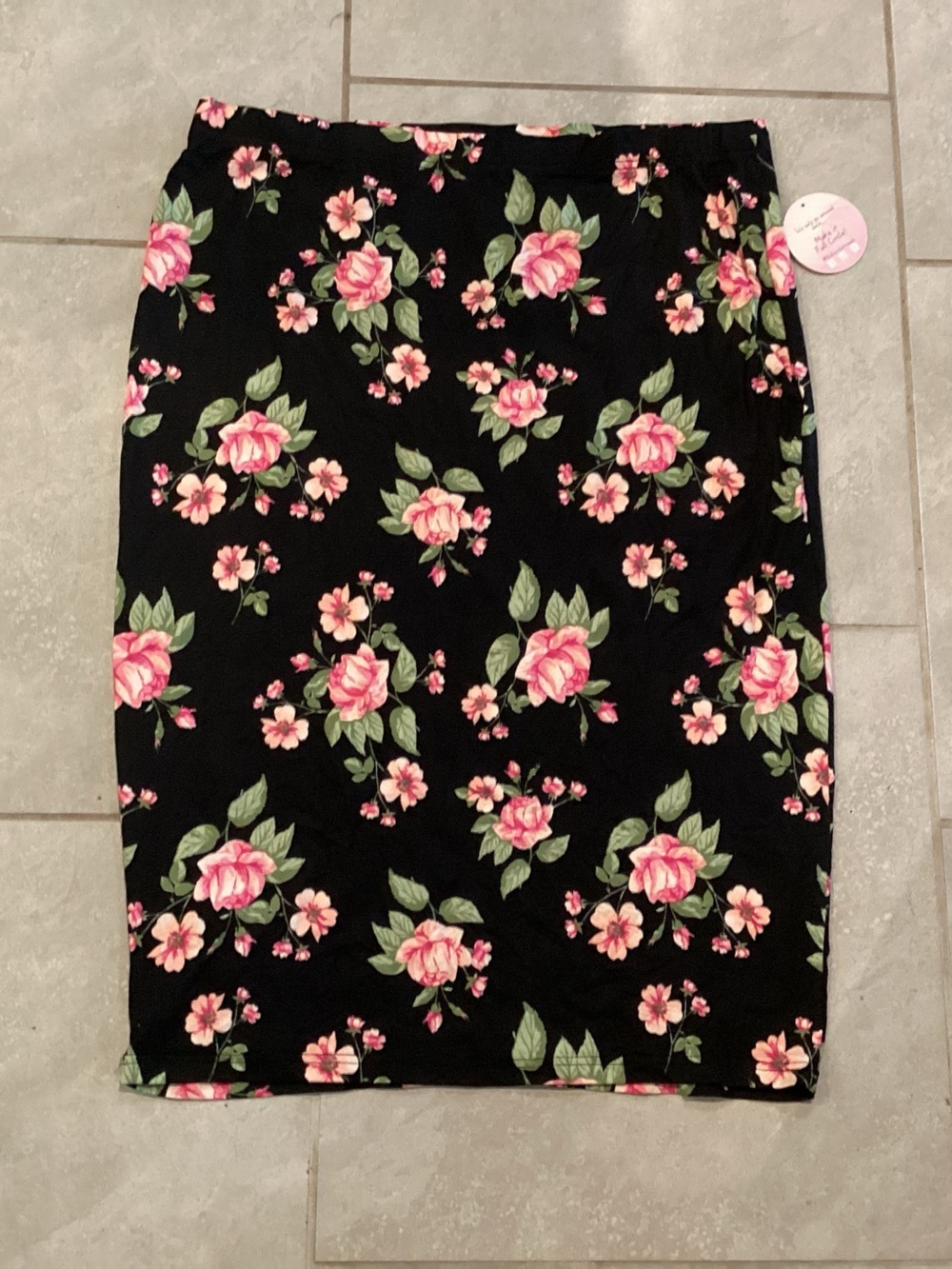Floral Pencil Skirt - Black with Pink Roses